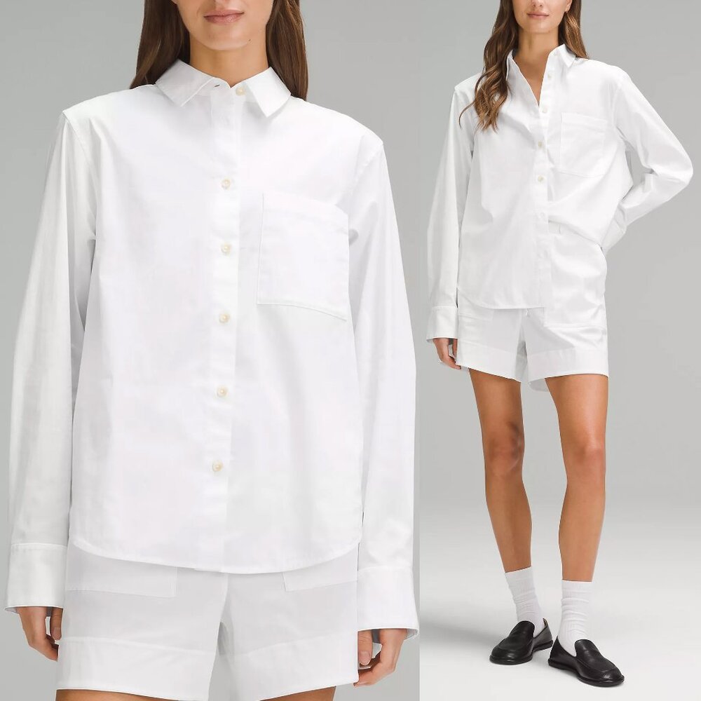 NEW Lululemon Relaxed-Fit Cotton-Blend Poplin Button-Down Shirt White L $98 NWT